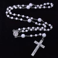 Rosary Necklace, Plastic, with Tibetan Style, Cross, silver color plated, fashion jewelry & Unisex, white, 8mm, Length:Approx 52.5 cm, Sold By PC