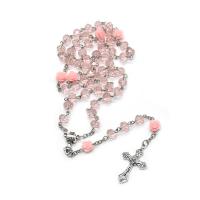 Rosary Necklace Crystal with Plastic Box & Resin & Zinc Alloy Cross silver color plated fashion jewelry & Unisex Lt Rose  Length Approx 50 cm Sold By PC