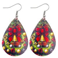 PU Leather Drop Earring, with Iron, Teardrop, printing, Christmas Design & fashion jewelry & different designs for choice & for woman, more colors for choice, 38x78mm, Sold By Pair