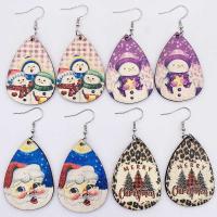 Wood Drop Earring, with Iron, Teardrop, printing, Christmas Design & fashion jewelry & different designs for choice & for woman, more colors for choice, 38x78mm, Sold By Pair