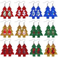 PU Leather Drop Earring with Sequins & Iron Christmas Tree printing Christmas Design & fashion jewelry & for woman Sold By Pair