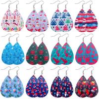 PU Leather Drop Earring with Iron Teardrop printing Christmas Design & fashion jewelry & for woman Sold By Pair