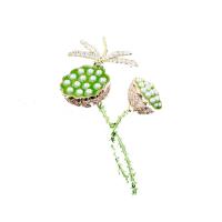 Plastic perle broche, Messing, med Plastic Pearl, Lotus Seedpod, guldfarve belagt, mode smykker & Micro Pave cubic zirconia & for kvinde, grøn, nikkel, bly & cadmium fri, 29x54mm, Solgt af PC