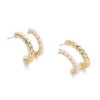 Brass Stud Earring, with Plastic Pearl, real gold plated, for woman, gold, 20x12mm, Sold By Pair
