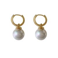 Brass Lever Back Earring, with Plastic Pearl, 14K gold plated, fashion jewelry & micro pave cubic zirconia & for woman, golden, nickel, lead & cadmium free, 26x14mm, Sold By Pair