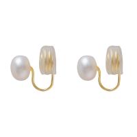 Brass Earring Clip, with Freshwater Pearl, fashion jewelry & for woman, golden, nickel, lead & cadmium free, 8mm, Sold By Pair