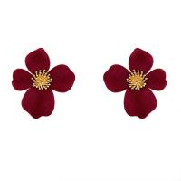 Brass Earring Clip with Plush Flower gold color plated fashion jewelry & for woman red nickel lead & cadmium free Sold By Pair