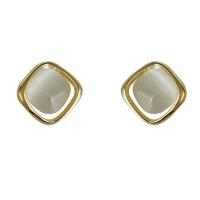 Brass Stud Earring with Cats Eye Square gold color plated fashion jewelry & for woman nickel lead & cadmium free 16mm Sold By Pair