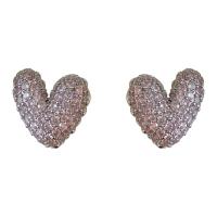 Brass Earring Clip, Heart, platinum color plated, fashion jewelry & micro pave cubic zirconia & for woman, pink, nickel, lead & cadmium free, 18mm, Sold By Pair