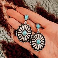 Boucles d'oreilles en alliage de zinc, avec turquoise, Placage de couleur argentée, bijoux de mode & pour femme, deux couleurs différentes, 50x30mm, Vendu par paire