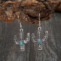 Tibetan Style Drop Earrings, with turquoise, Opuntia Stricta, silver color plated, fashion jewelry & for woman, two different colored, 30x45mm, Sold By Pair