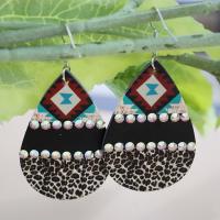 Tibetan Style Drop Earrings, PU Leather, printing, fashion jewelry & for woman & with rhinestone, more colors for choice, 38x76mm, Sold By Pair