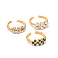 Rhinestone-Edelstahl -Finger-Ring, 304 Edelstahl, mit Kunststoff Perlen, 18K vergoldet, verschiedene Stile für Wahl & für Frau & mit Strass, verkauft von PC
