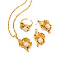 Fashion Stainless Steel Jewelry Sets 304 Stainless Steel with Plastic Pearl with 2.36inch extender chain 18K gold plated fashion jewelry & for woman gold Length Approx 16.54 Inch Sold By PC