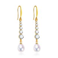 Cubic Zirconia Micro Pave Brass Earring with Freshwater Pearl gold color plated fashion jewelry & micro pave cubic zirconia & for woman nickel lead & cadmium free Sold By Pair