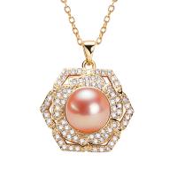 Cubic Zircon Micro Pave Brass Necklace, with Freshwater Pearl, with 5CM extender chain, Flower, gold color plated, fashion jewelry & micro pave cubic zirconia & for woman, more colors for choice, nickel, lead & cadmium free, 22x30mm, Length:Approx 40 cm, Sold By PC