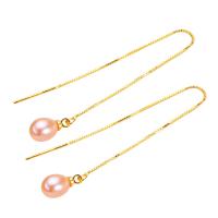 Brass Thread Through Earrings, with Freshwater Pearl, gold color plated, fashion jewelry & for woman, more colors for choice, nickel, lead & cadmium free, 100mm, Sold By Pair