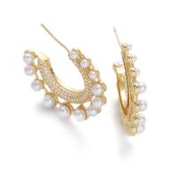 Befestiger Zirkonia Messing Ohrring, mit Kunststoff Perlen, vergoldet, Micro pave Zirkonia & für Frau, Goldfarbe, 30x5mm, verkauft von Paar