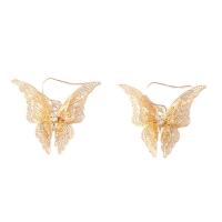 Boucles d'oreilles en alliage de zinc, papillon, Placage de couleur d'or, bijoux de mode & pour femme & avec strass, doré, 37x42mm, Vendu par paire
