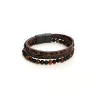 PU Leather Cord Bracelets, with Natural Stone & Tibetan Style, plumbum black color plated, three layers & for man, more colors for choice, Length:21 cm, Sold By PC
