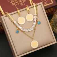 Evil Eye Jewelry Set, bracelet & earring & necklace, 304 Stainless Steel, with turquoise, with 1.96lnch extender chain, plated, micro pave cubic zirconia & for woman & enamel, gold, Length:Approx 15.74 Inch, Sold By Set
