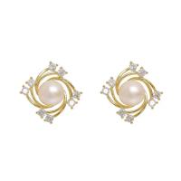 Brass Earring Clip, with Freshwater Pearl, fashion jewelry & micro pave cubic zirconia & for woman, golden, nickel, lead & cadmium free, 15x15mm, Sold By Pair