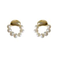 Brass Stud Earring with Freshwater Pearl gold color plated fashion jewelry & for woman white nickel lead & cadmium free Sold By Pair