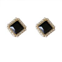 Brass Earring Clip, with Resin & Plastic Pearl & Tibetan Style, Square, gold color plated, fashion jewelry & for woman, nickel, lead & cadmium free, 13x13mm, Sold By Pair