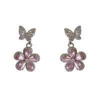Brass Stud Earring platinum color plated fashion jewelry & micro pave cubic zirconia & for woman pink nickel lead & cadmium free Sold By Pair