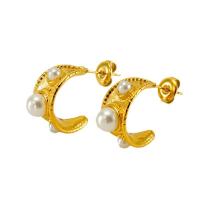 Stainless Steel Stud Earrings, 304 Stainless Steel, with Plastic Pearl, 18K gold plated, fashion jewelry & for woman, golden, 10x16mm, Sold By Pair