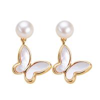 Brass Drop Earring, with Freshwater Pearl, Butterfly, gold color plated, fashion jewelry & for woman, nickel, lead & cadmium free, 12x20mm, Sold By Pair