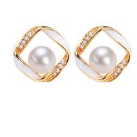 Brass Stud Earring, with Freshwater Pearl, gold color plated, fashion jewelry & micro pave cubic zirconia & for woman, nickel, lead & cadmium free, 14x14mm, Sold By Pair