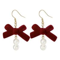 Tibetan Style Drop Earrings, with Flocking Fabric & Plastic Pearl & Acrylic, Bowknot, gold color plated, fashion jewelry & different styles for choice & for woman, more colors for choice, 35x52mm, Sold By Pair