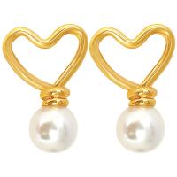 Boucles d'oreilles pendantes en laiton, avec perle de plastique, coeur, Placage de couleur d'or, bijoux de mode & pour femme, protéger l'environnement, sans nickel, plomb et cadmium, 17x25mm, Vendu par paire
