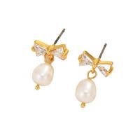 Brass Drop Earring, with Freshwater Pearl, Bowknot, gold color plated, fashion jewelry & micro pave cubic zirconia & for woman, white, nickel, lead & cadmium free, 12x20mm, Sold By Pair