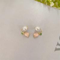 Tibetan Style Stud Earring, with Plastic Pearl, Flower, gold color plated, fashion jewelry & for woman & enamel, pink, 20x15mm, Sold By Pair