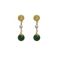 Brass Earring Clip, with Hetian Jade & Freshwater Pearl, gold color plated, fashion jewelry & for woman, nickel, lead & cadmium free, 28x9mm, Sold By Pair