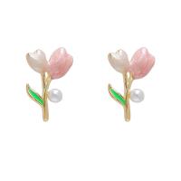 Brass Earring Clip with Plastic Pearl Tulip gold color plated fashion jewelry & for woman & enamel nickel lead & cadmium free Sold By Pair