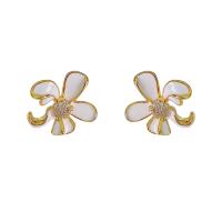 Brass Earring Clip Flower gold color plated fashion jewelry & micro pave cubic zirconia & for woman & enamel white nickel lead & cadmium free Sold By Pair