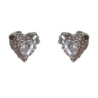 Brass Stud Earring Heart platinum color plated fashion jewelry & micro pave cubic zirconia & for woman nickel lead & cadmium free Sold By Pair