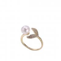 Freshwater Pearl Finger Ring Brass with Freshwater Pearl 14K gold plated Adjustable & fashion jewelry & micro pave cubic zirconia & for woman 7-8mm Sold By PC