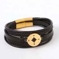 PU Leather Cord Bracelets with 316L Stainless Steel Compass Vacuum Ion Plating fashion jewelry & for man Length 21.5 cm Sold By PC