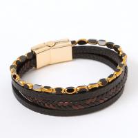 PU Leather Cord Bracelets, with Glass & Tibetan Style, gold color plated, vintage & multilayer & for man, Length:Approx 21 cm, Sold By PC