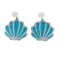 Boucle d'oreille bijoux acrylique, avec Paillettes & perle de plastique, coquille, bijoux de mode & pour femme, bleu, 37x50mm, Vendu par paire