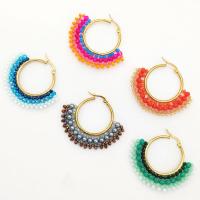 Stainless Steel Hoop Earring Glass Beads with 304 Stainless Steel handmade fashion jewelry & for woman Sold By Pair