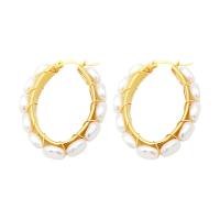 Stainless Steel Hoop Earring 304 Stainless Steel with Plastic Pearl Vacuum Ion Plating fashion jewelry & for woman golden Sold By Pair