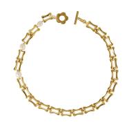 Freshwater Pearl Brass Chain Necklace, cobre, with Pérolas de água doce, cromado de cor dourada, joias de moda & para mulher, dourado, comprimento 40 cm, vendido por PC