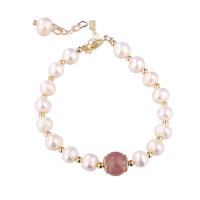 Freshwater Cultured Pearl Bracelet, Freshwater Pearl, with Strawberry Quartz & Tibetan Style, gold color plated, fashion jewelry & for woman, two different colored, Sold Per 20-23 cm Strand