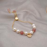Freshwater Cultured Pearl Bracelet, Brass, with Freshwater Pearl & Strawberry Quartz, real gold plated, fashion jewelry & for woman, two different colored, 7mm, Sold Per 20-26 cm Strand