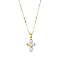 Stainless Steel Jewelry Necklace, 304 Stainless Steel, with 1.97inch extender chain, Cross, Vacuum Plating, fashion jewelry & micro pave cubic zirconia & for woman, golden, 23x12mm, Sold Per Approx 15.75 Inch Strand
